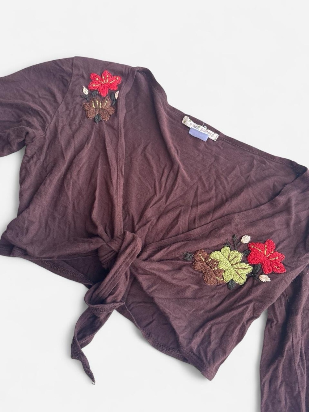 Y2K Embroidered Tie-Front Women’s Top - Brown with Red & Green Accents